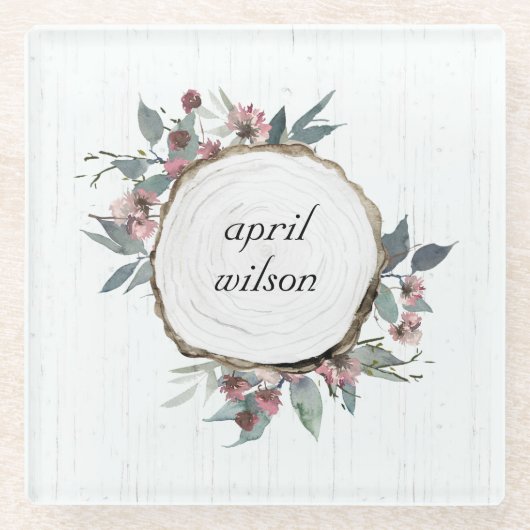 木切り素朴野生ピンクフローラユーカリ ガラスコースター (正面)