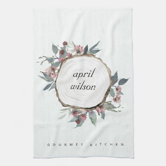 木切り素朴野生ピンクフローラユーカリ キッチンタオル (縦)