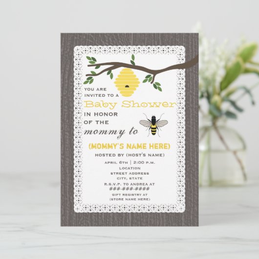 木刺激を受けたな蜂蜜の蜂のテーマのベビーシャワー 招待状 (スタンド正面)
