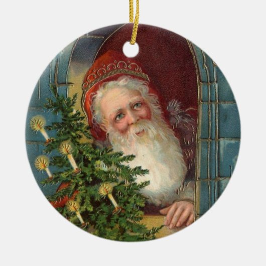 木及び蝋燭が付いている珍しくエレガントなサンタ セラミックオーナメント (正面)