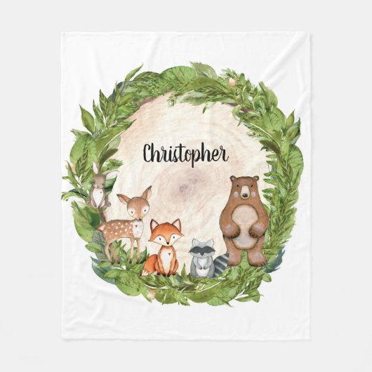 木地動物の木の切り身は緑 フリースブランケット (正面)