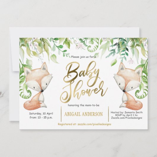 木地狐、緑、フェイク金ゴールド男の赤ちゃん 招待状 (正面)