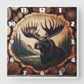 木威厳のある地に丸太を置くムース スクエア壁時計 (正面)
