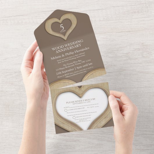 木婚式（５年）ブラウン オールインワン招待状 (貼ってはがせる)