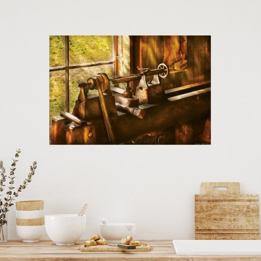 木工職人 – 古い旋盤 ポスター (キッチン)