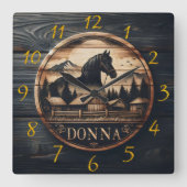 木彫の馬と山水 スクエア壁時計 (正面)