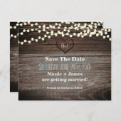 木彫りのハートとストリングライトのSave the Date セーブザデート (正面/裏面)