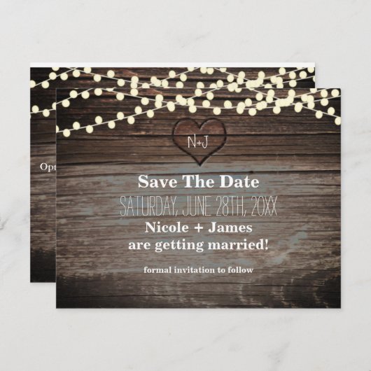 木彫りのハートとストリングライトのSave the Date セーブザデート (正面/裏面)