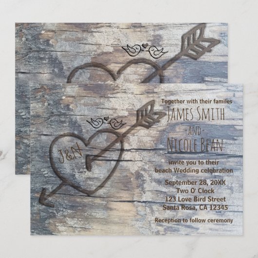 木彫りのハートと愛の鳥の結婚式招待状 招待状 (正面/裏面)