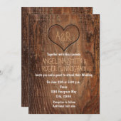 木彫りのハートの木のウェディング招待状（ラスティックスタイル） 招待状 (正面/裏面)