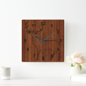 木彫りの大きな鹿 スクエア壁時計 (ホーム)