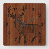 木彫りの雄鹿が印刷される スクエア壁時計 (正面)