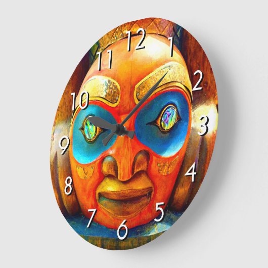 木彫りトーテム顔写真はっきりしたグラフィックカラフル ラージ壁時計 (傾斜)