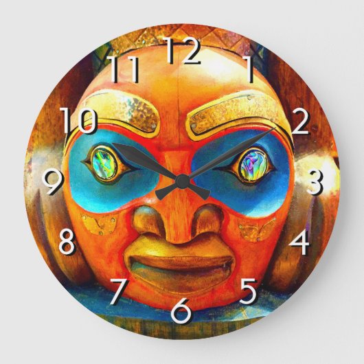 木彫りトーテム顔写真はっきりしたグラフィックカラフル ラージ壁時計 (正面)