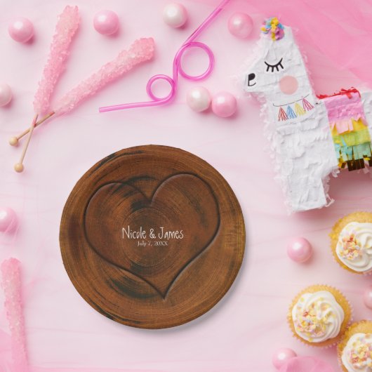 木彫りハートの切り素朴株結婚 ペーパープレート (パーティー)