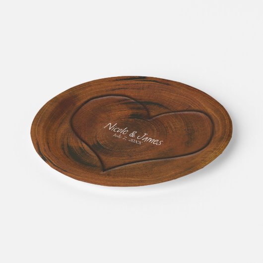 木彫りハートの切り素朴株結婚 ペーパープレート (アングル)