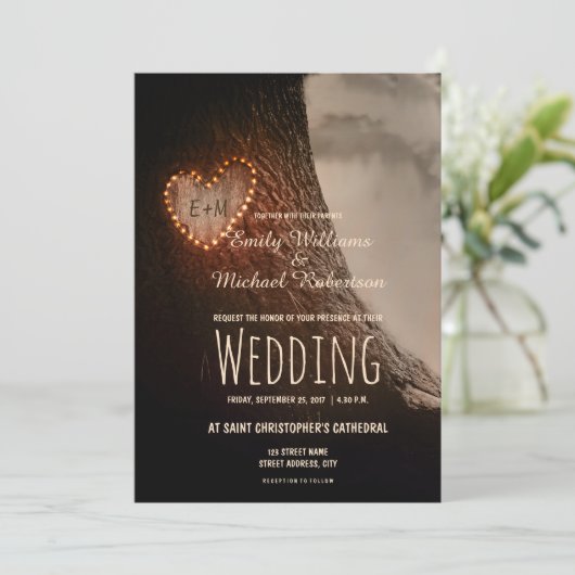 木彫りハート素朴とヴィンテージ結婚式 招待状 (スタンド正面)