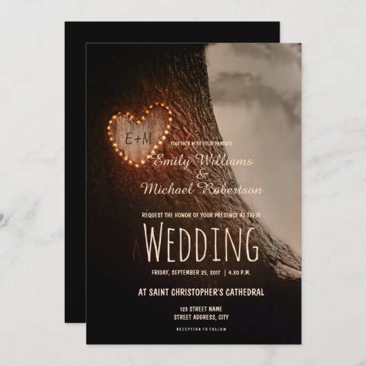 木彫りハート素朴とヴィンテージ結婚式 招待状 (正面/裏面)