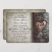 木彫りハート素朴とヴィンテージ結婚式 招待状 (正面/裏面)