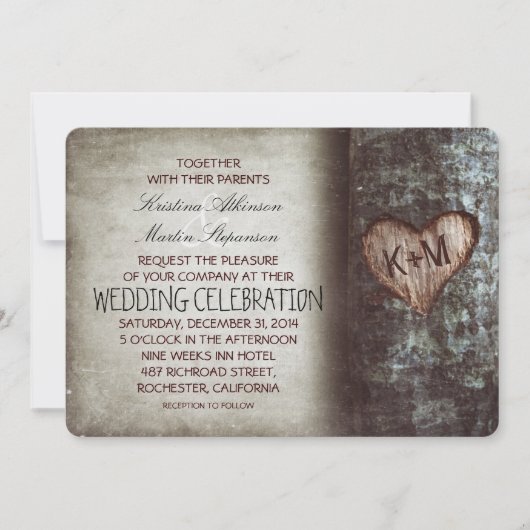 木彫りハート素朴とヴィンテージ結婚式 招待状 (正面)