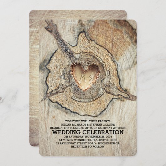 木彫りハート素朴木 招待状 (正面/裏面)