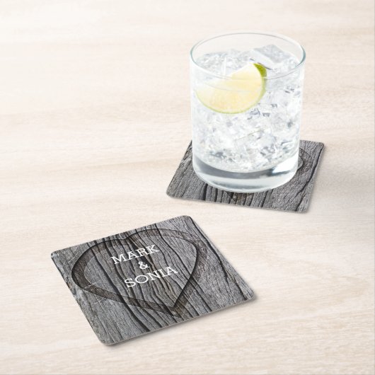 木彫りハート結婚ズ スクエアペーパーコースター (インサイチュ)