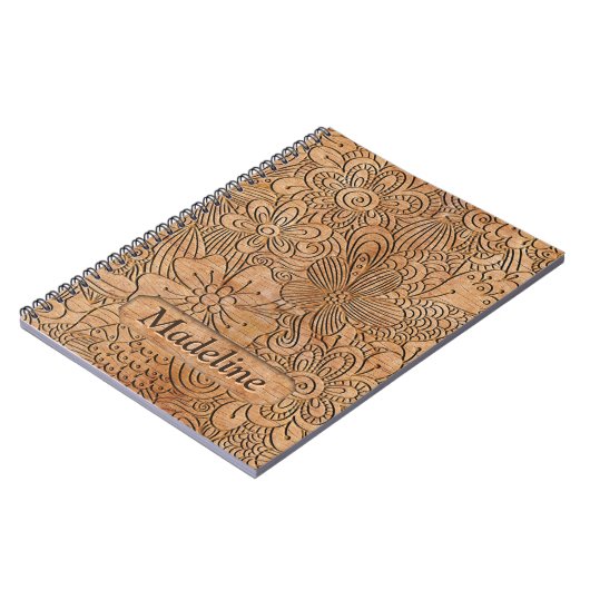 木彫りフローラルパターパーソナライズされたン ノートブック (左側)