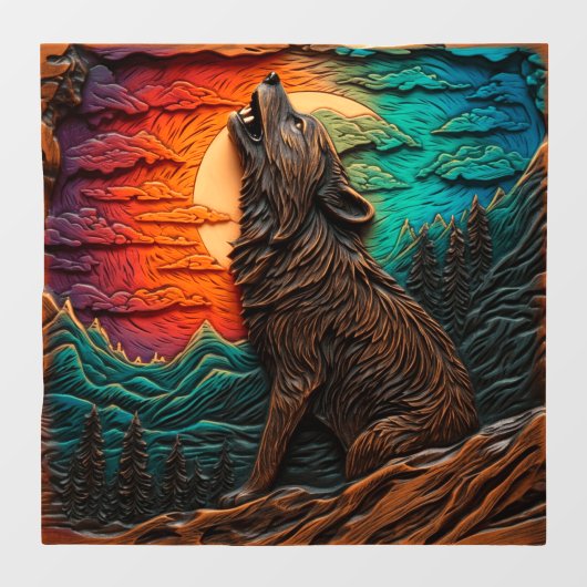 木彫フェイクウルフハウリングマウンテンフォレスト ウィンドウサイン (シート)