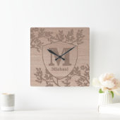 木彫葉ヴィンテージ名モノグラム   スクエア壁時計 (ホーム)