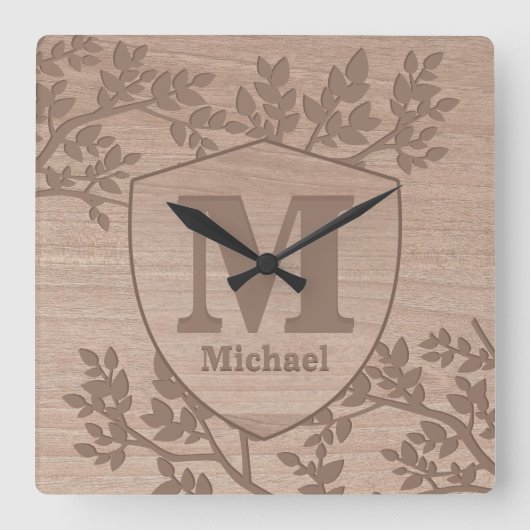 木彫葉ヴィンテージ名モノグラム   スクエア壁時計 (正面)