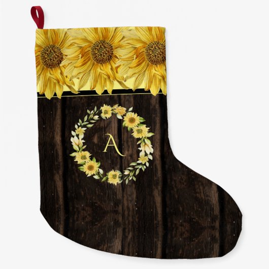 木明素朴るい黄色ひまわりモノグラム ラージクリスマスストッキング (正面)