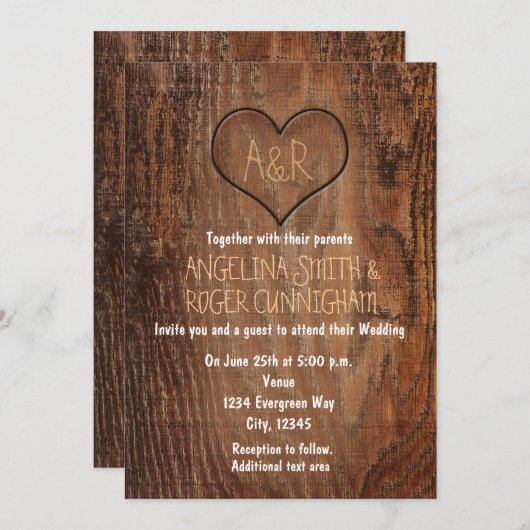 木木彫りハート素朴結婚式招待状 招待状 (正面/裏面)
