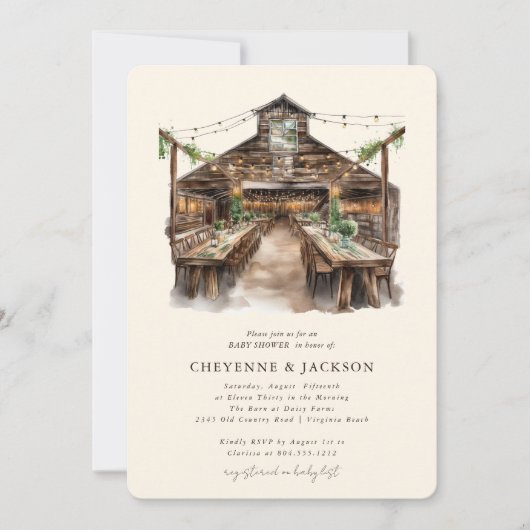 木材とストリングライトベビーシャワー招待状 招待状 (正面)