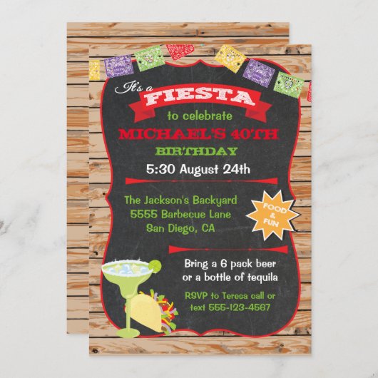 木材と素朴シャルボードメキシカンフィエスタ誕生日 招待状 (正面/裏面)