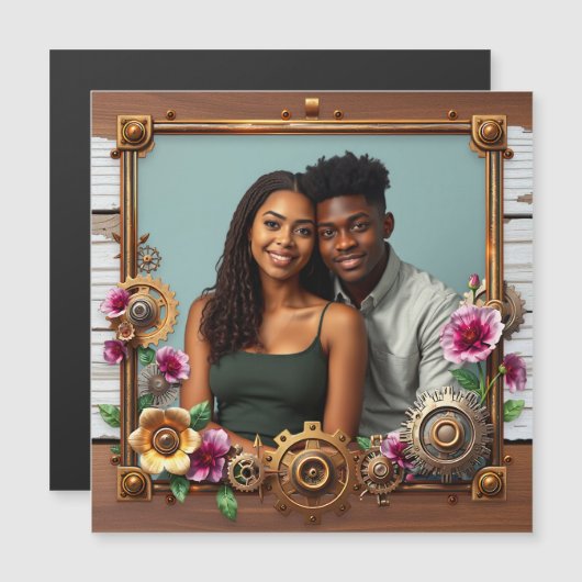 木材と金属スチームパンクのパーソナライズされた写真 マグネット招待状 (正面/裏面)