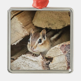 木材の中のチップムンク メタルオーナメント