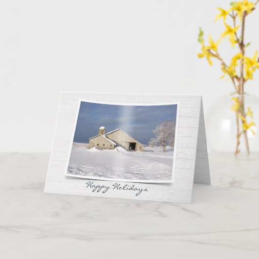 木材の冬の古い納屋 カード (黄色い花)