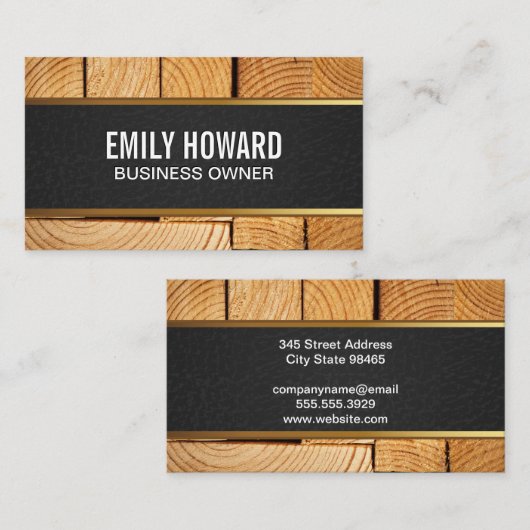 木材の切断 |ブラックレザー金ゴールドトリム名刺 名刺 (正面/裏面)