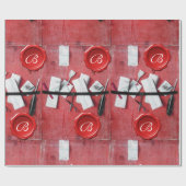 木材の古書入れ、赤ワックスシールモノグラム ラッピングペーパー (フラット)