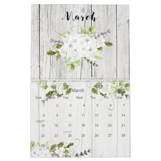 木材の水彩フローラ素朴 カレンダー (3月 2026)