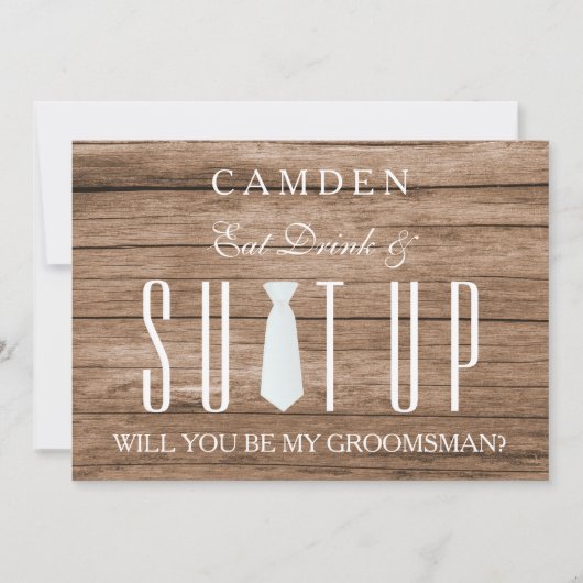 木材の背景のスーツ私のgroomsmanになる 招待状 (正面)