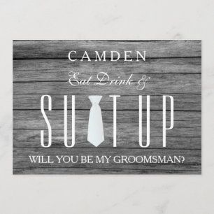 木材の背景のスーツ私のgroomsmanになる 招待状