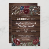 木材の背景マルサラ海軍の花素朴結婚の 招待状 (正面/裏面)