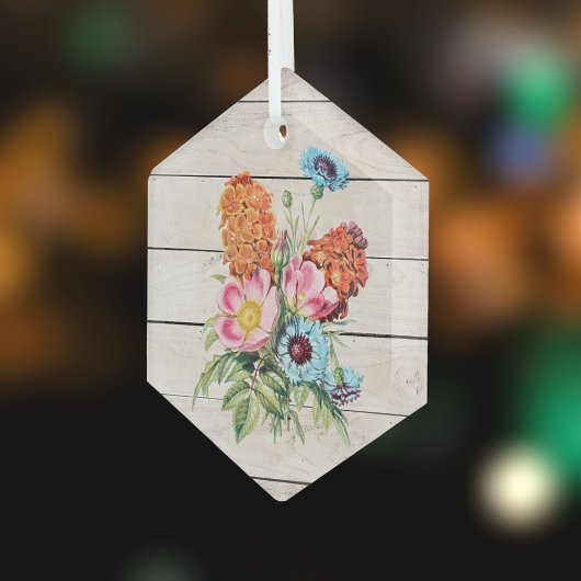 木材の青いピンクとオレンジの素朴花束フェイク ガラスオーナメント