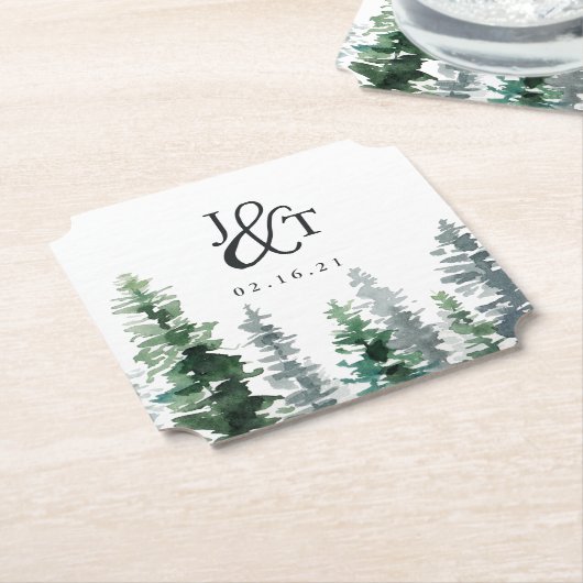 木材グローブ結婚のモノグラムと日付 ペーパーコースター (アングル)