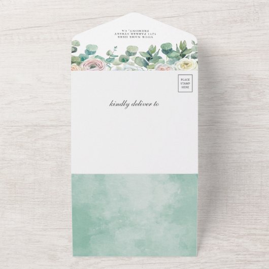 木材ソフト素朴バラユーカリプタスベイビーシャワー オールインワン招待状 (外側)