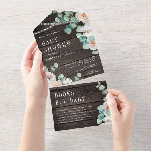 木材ソフト素朴バラユーカリプタスベイビーシャワー オールインワン招待状 (貼ってはがせる)