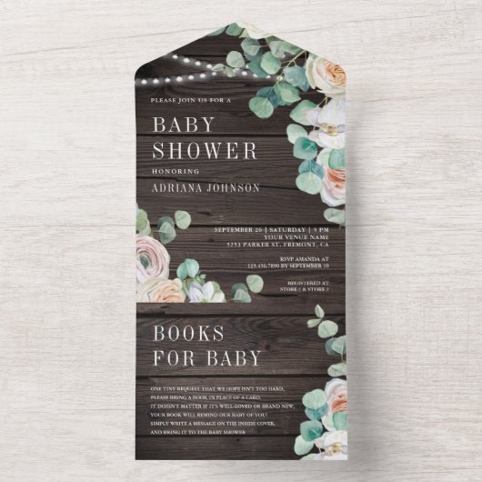 木材ソフト素朴バラユーカリプタスベイビーシャワー オールインワン招待状 (内側)