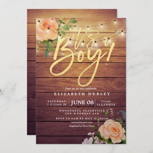 木材バラ素朴フローラストリング軽い赤ちゃんシャワー 招待状 (正面/裏面)