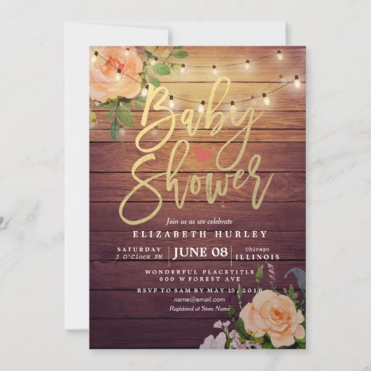 木材バラ素朴フローラストリング軽い赤ちゃんシャワー 招待状 (正面)